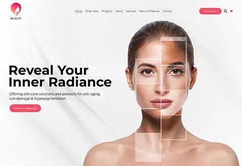 Woman's face with gridded skin care ad.
