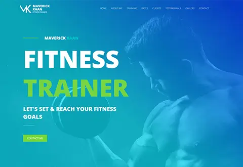 Fitness trainer website with a muscular man.